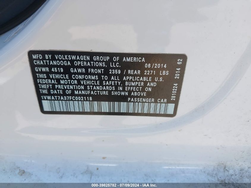 2015 Volkswagen Passat 1.8T Wolfsburg Edition VIN: 1VWAT7A37FC002118 Lot: 39825782