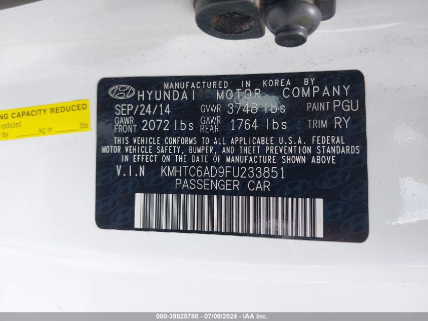 2015 Hyundai Veloster VIN: KMHTC6AD9FU233851 Lot: 39825788