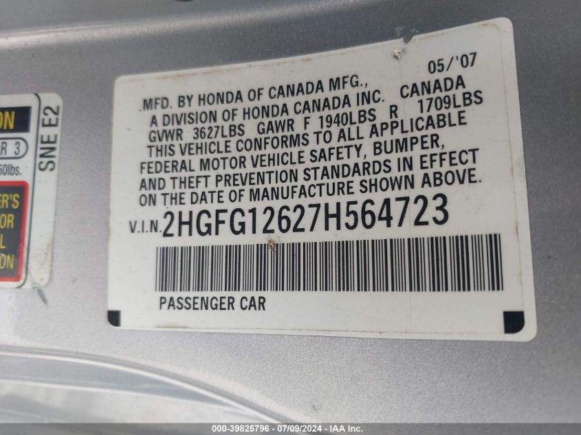 2HGFG12627H564723 | 2007 HONDA CIVIC