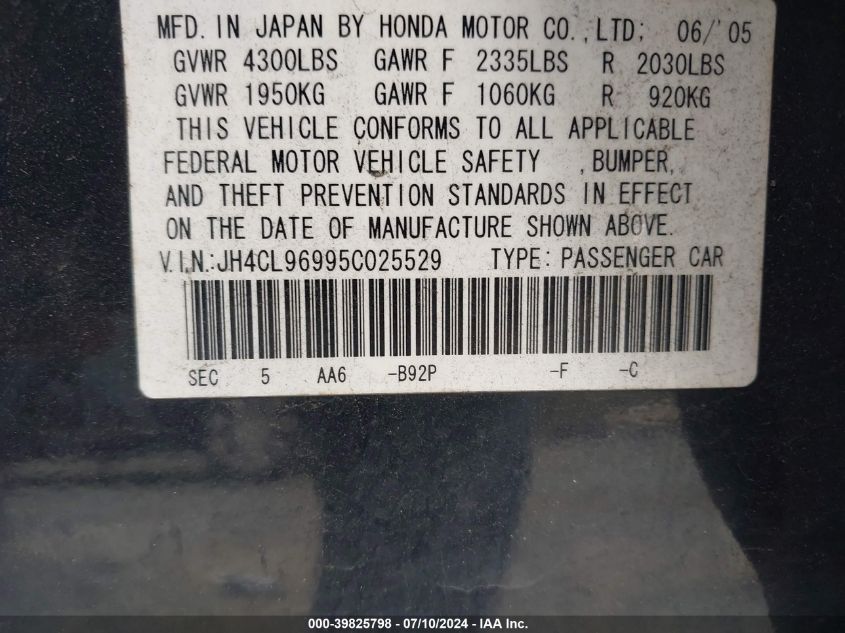 2005 Acura Tsx VIN: JH4CL96995C025529 Lot: 39825798