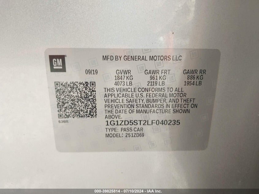 2020 Chevrolet Malibu Fwd Lt VIN: 1G1ZD5ST2LF040235 Lot: 39825814