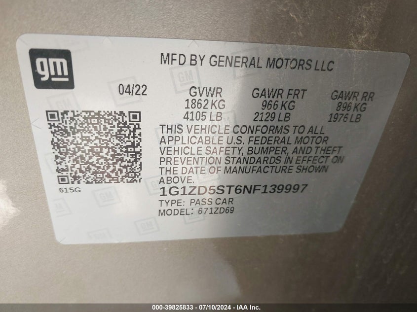 2022 CHEVROLET MALIBU LT - 1G1ZD5ST6NF139997