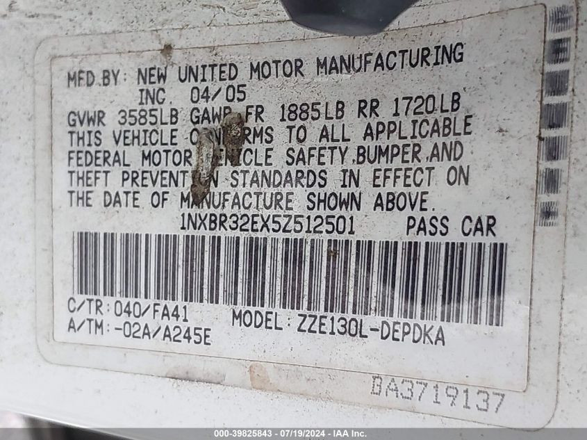 2005 Toyota Corolla Ce VIN: 1NXBR32EX5Z512501 Lot: 39825843