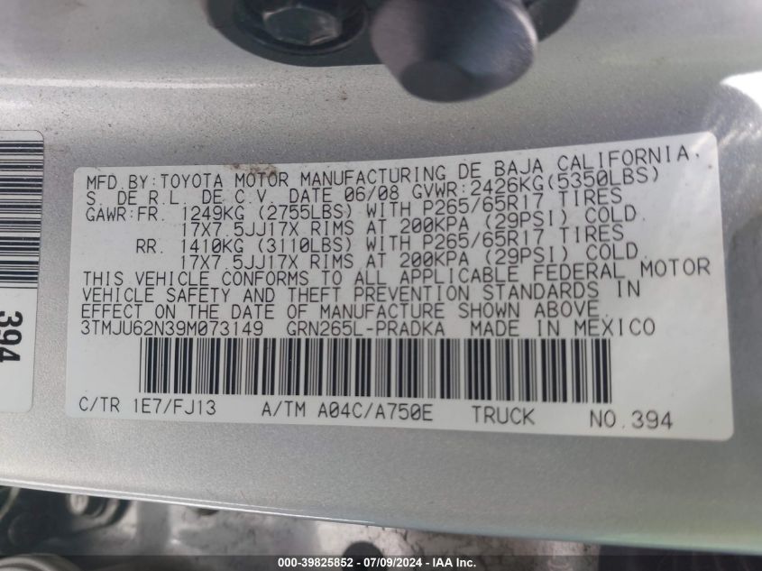 2009 Toyota Tacoma Double Cab Prerunner VIN: 3TMJU62N39M073149 Lot: 39825852
