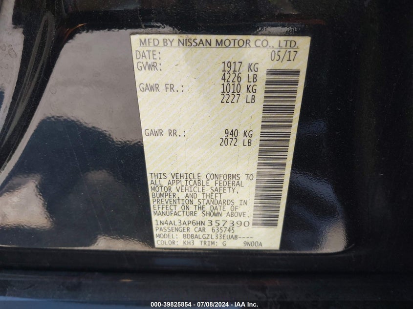 VIN 1N4AL3AP6HN357390 2017 NISSAN ALTIMA 2.5 S