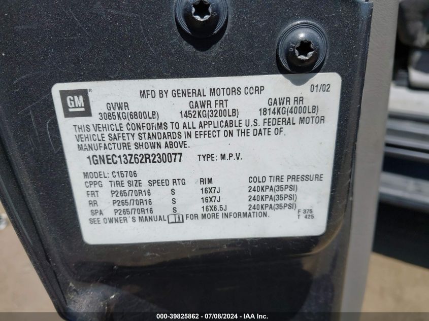 2002 Chevrolet Tahoe Ls VIN: 1GNEC13Z62R230077 Lot: 39825862