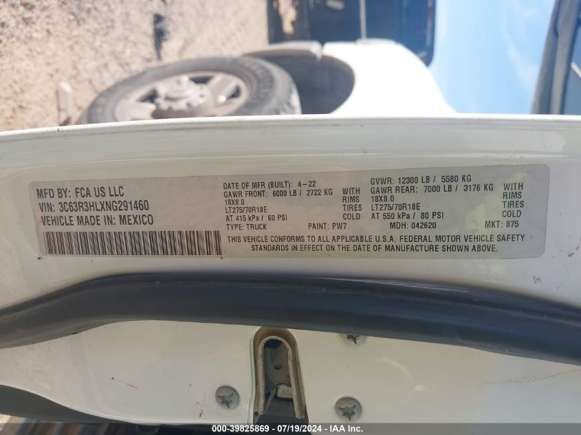 2022 Ram 3500 Big Horn/Lone Star VIN: 3C63R3HLXNG291460 Lot: 39825869