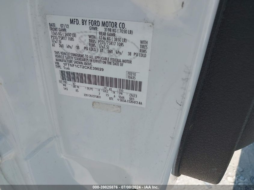 2012 Ford F-150 Xl VIN: 1FTNF1CT2CKE39029 Lot: 39825876