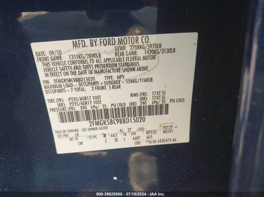 2011 Ford Flex Se VIN: 2FMGK5BC9BBD15020 Lot: 39825888