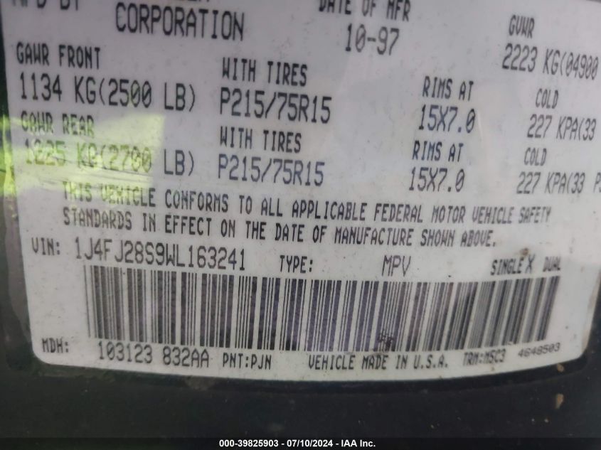 1998 Jeep Cherokee Se VIN: 1J4FJ28S9WL163241 Lot: 39825903