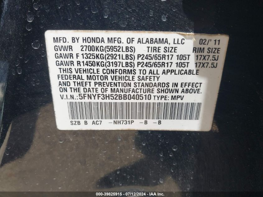 2011 Honda Pilot Ex-L VIN: 5FNYF3H52BB040510 Lot: 39825915
