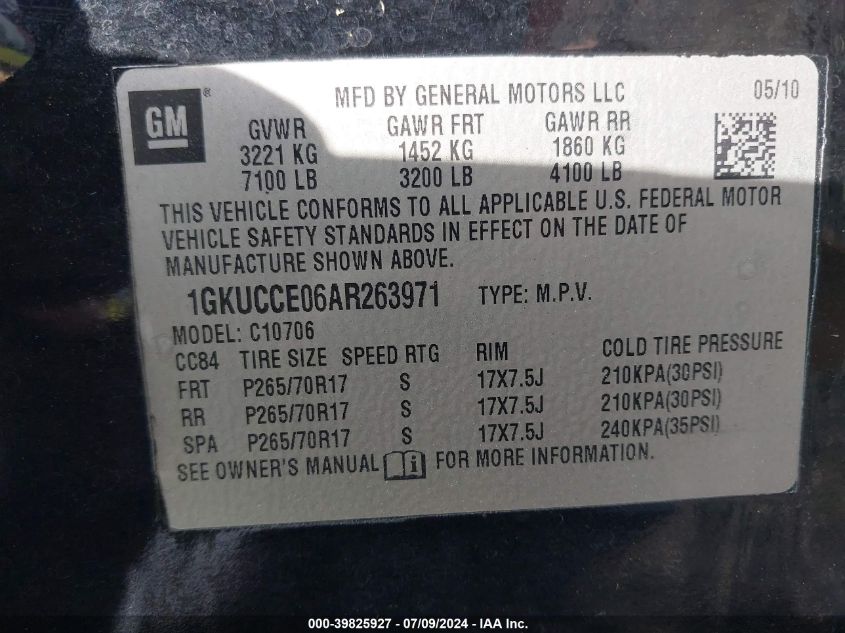 2010 GMC Yukon Slt VIN: 1GKUCCE06AR263971 Lot: 39825927