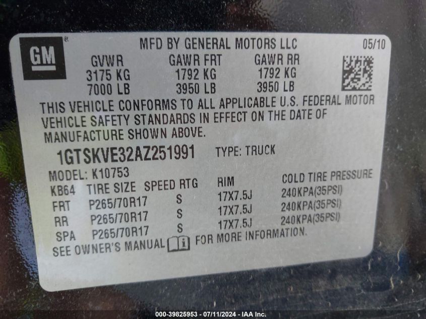 2010 GMC Sierra 1500 Sle VIN: 1GTSKVE32AZ251991 Lot: 39825953