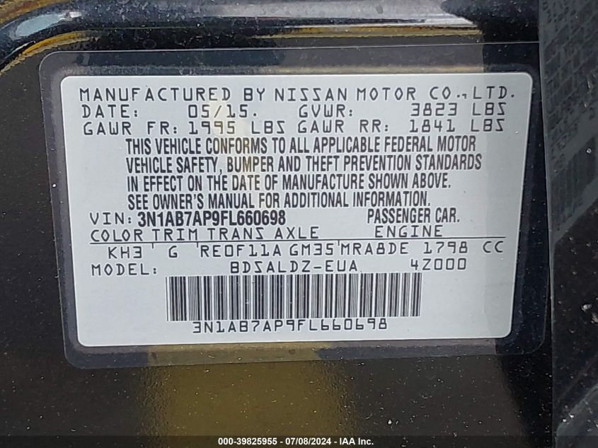 2015 Nissan Sentra Fe+ S/S/Sl/Sr/Sv VIN: 3N1AB7AP9FL660698 Lot: 39825955