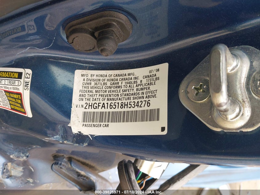 2008 Honda Civic Lx VIN: 2HGFA16518H534276 Lot: 39825971