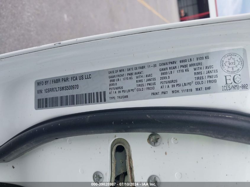 2021 Ram 1500 Classic Slt VIN: 1C6RR7LT6MS500970 Lot: 39825987