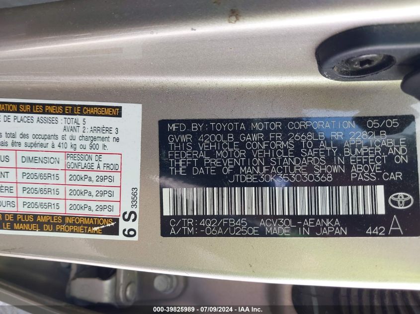 2005 Toyota Camry Le/Se/Xle VIN: JTDBE30K353030368 Lot: 39825989