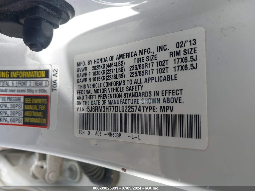 2013 Honda Cr-V Ex-L VIN: 5J6RM3H77DL022574 Lot: 39825991