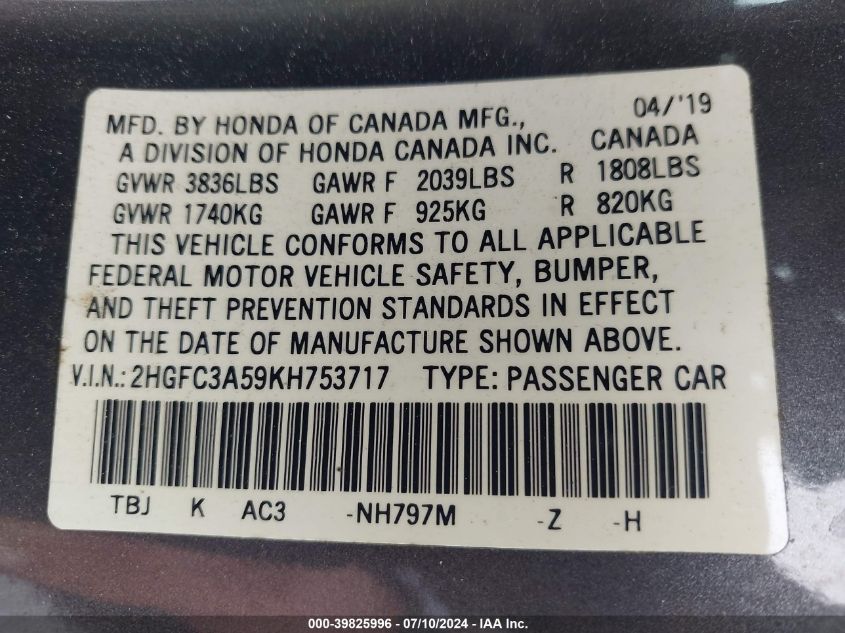 2019 Honda Civic Si VIN: 2HGFC3A59KH753717 Lot: 39825996