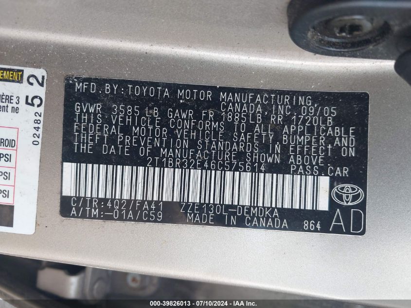 2T1BR32E46C575614 | 2006 TOYOTA COROLLA