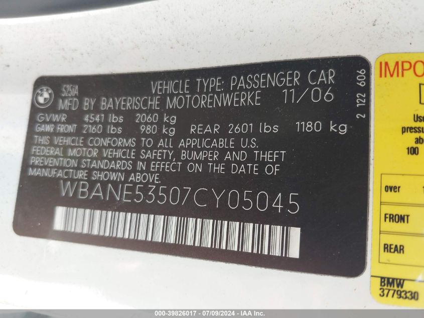 2007 BMW 5 Series 525I VIN: WBANE53507CY05045 Lot: 39826017