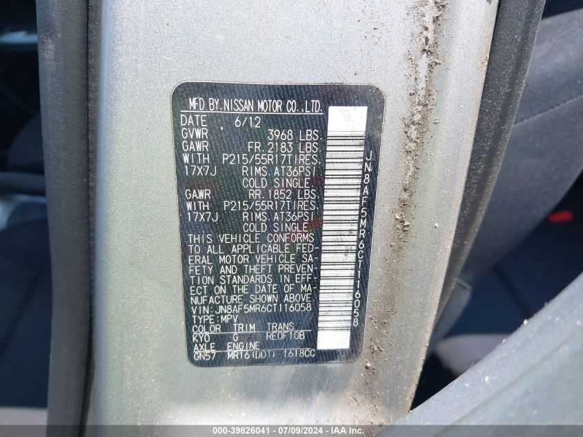 2012 Nissan Juke S VIN: JN8AF5MR6CT116058 Lot: 39826041