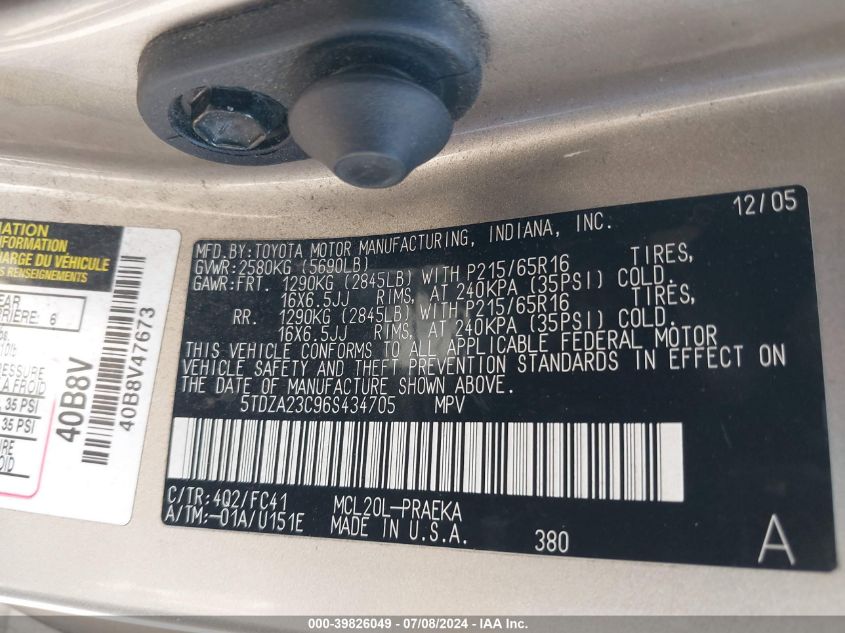 2006 Toyota Sienna Le VIN: 5TDZA23C96S434705 Lot: 39826049