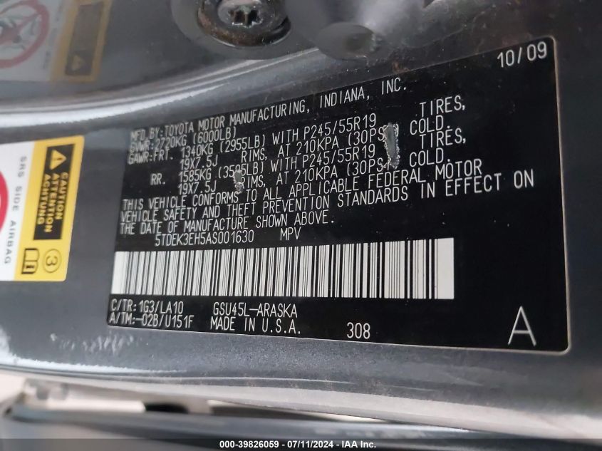 2010 Toyota Highlander Sport V6 VIN: 5TDEK3EH5AS001630 Lot: 39826059