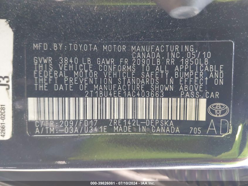 2010 Toyota Corolla S VIN: 2T1BU4EE1AC403663 Lot: 39826081