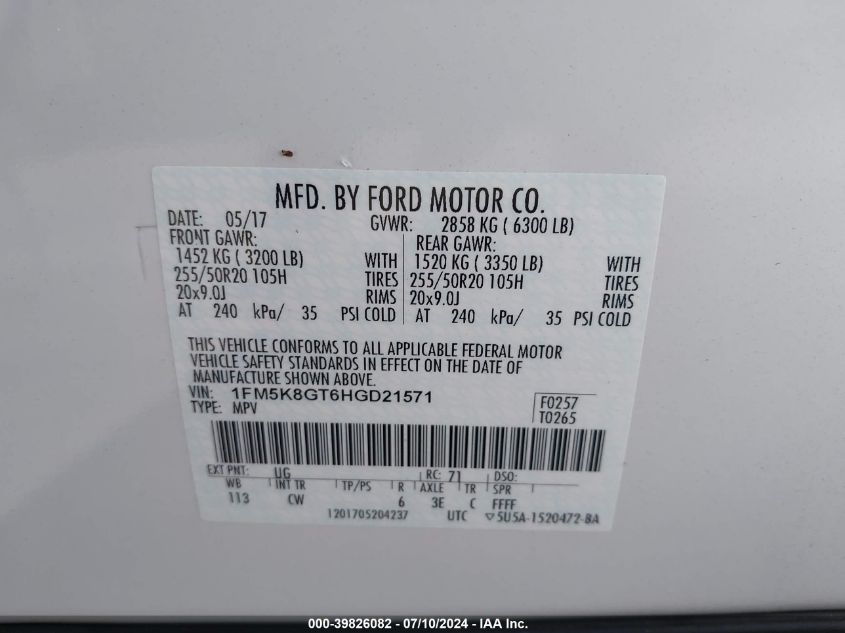 2017 Ford Explorer Sport VIN: 1FM5K8GT6HGD21571 Lot: 39826082