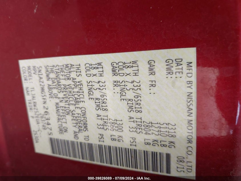 2015 Nissan Murano Sl VIN: 5N1AZ2MG5FN263475 Lot: 39826089