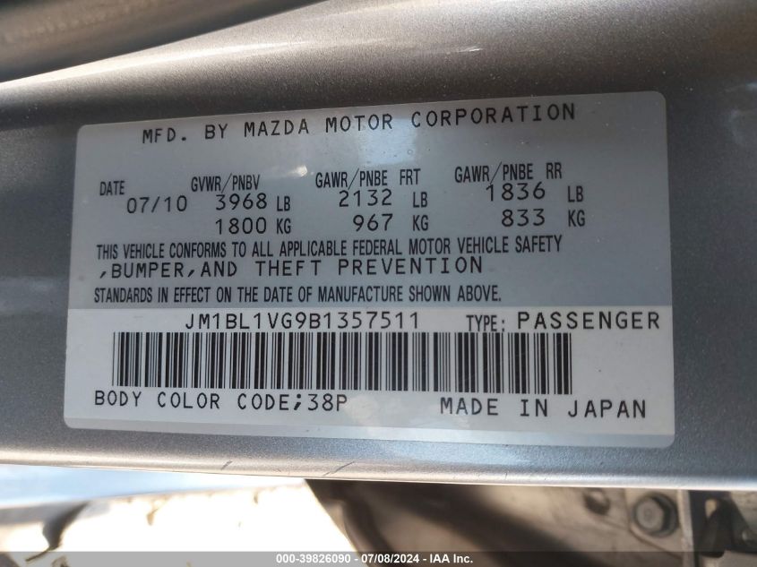 2011 Mazda Mazda3 I Touring VIN: JM1BL1VG9B1357511 Lot: 39826090