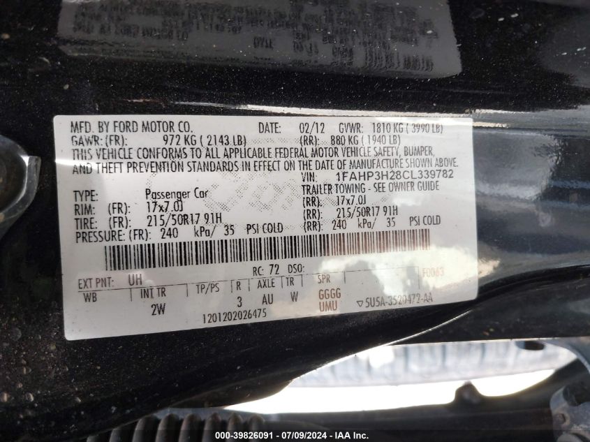 1FAHP3H28CL339782 | 2012 FORD FOCUS