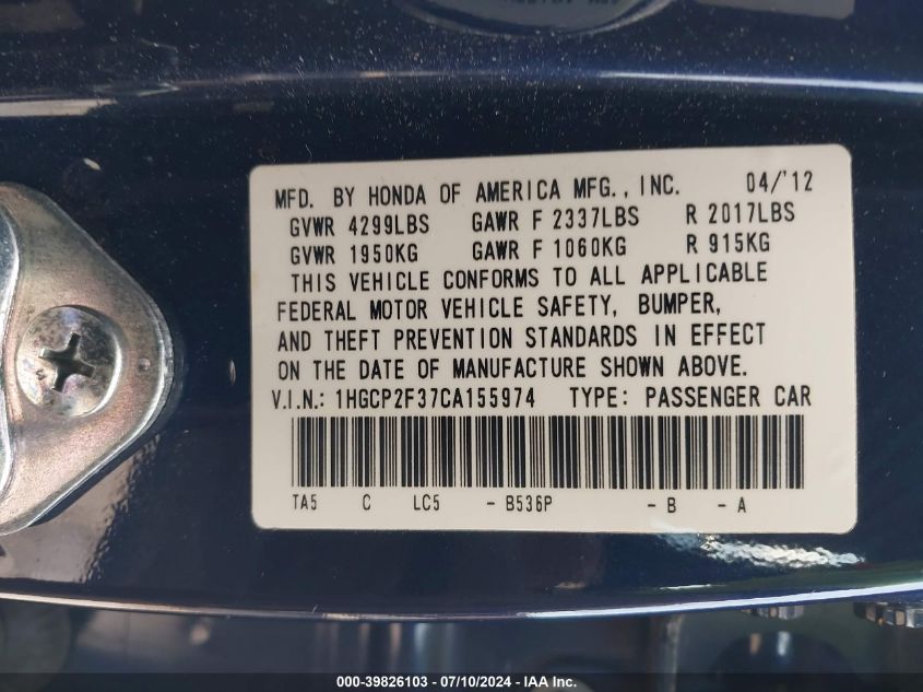 1HGCP2F37CA155974 2012 Honda Accord Lx