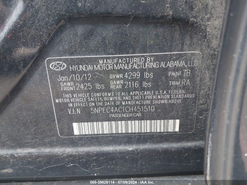 2012 Hyundai Sonata Limited VIN: 5NPEC4AC1CH451510 Lot: 39826114