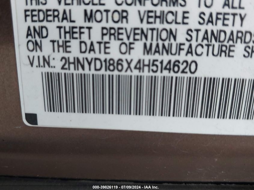 2004 Acura Mdx VIN: 2HNYD186X4H514620 Lot: 39826119