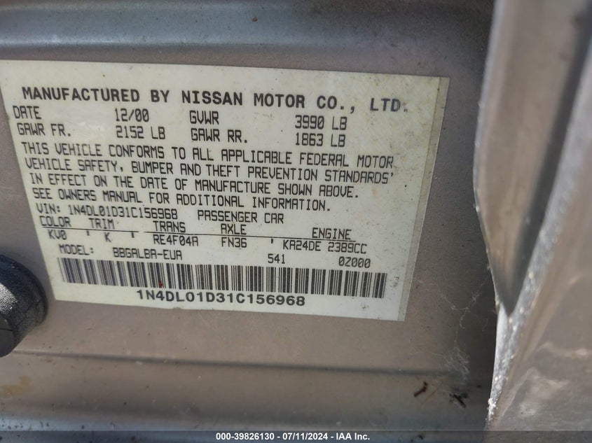 1N4DL01D31C156968 2001 Nissan Altima Gxe