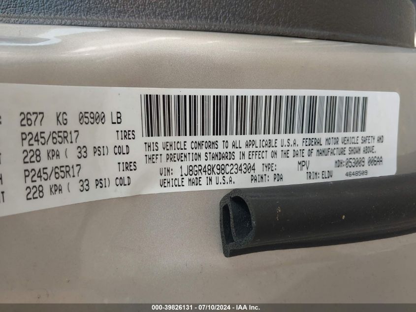 2008 Jeep Grand Cherokee Laredo VIN: 1J8GR48K98C234304 Lot: 39826131