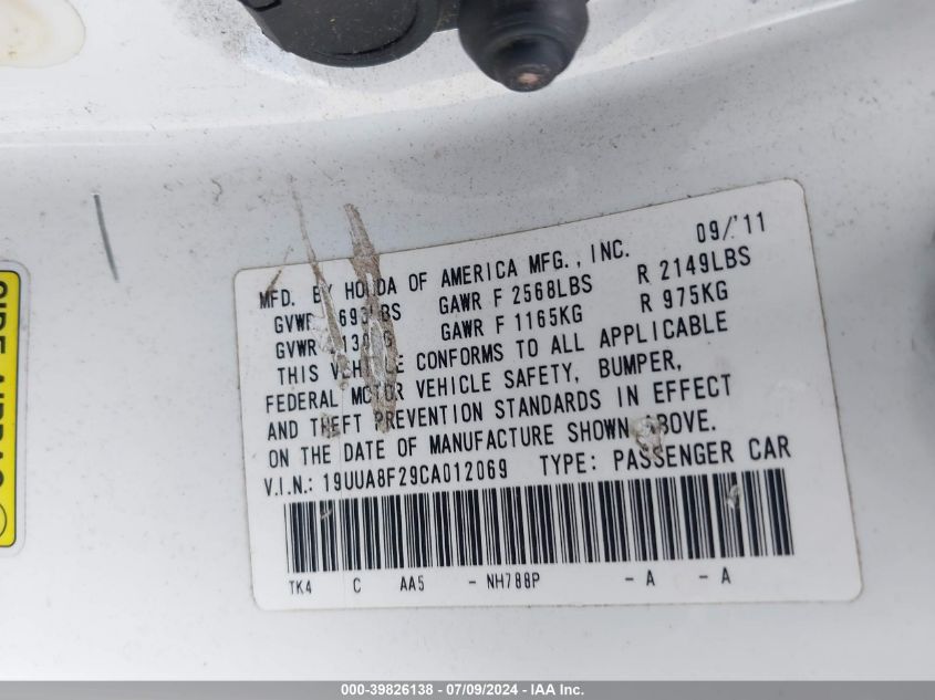 2012 Acura Tl 3.5 VIN: 19UUA8F29CA012069 Lot: 39826138