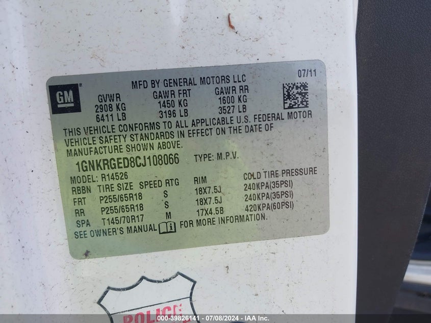 2012 Chevrolet Traverse 1Lt VIN: 1GNKRGED8CJ108066 Lot: 39826141