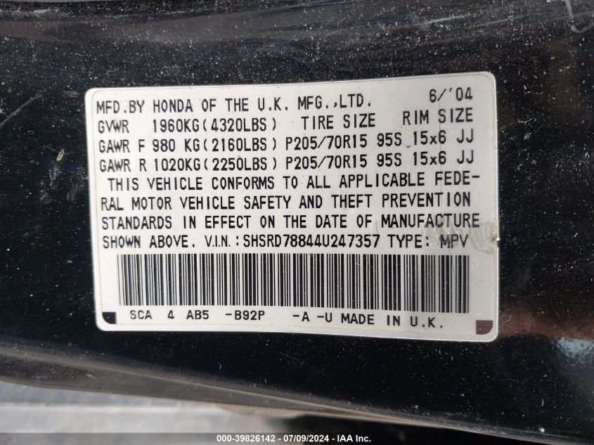 2004 Honda Cr-V Ex VIN: SHSRD78844U247357 Lot: 39826142