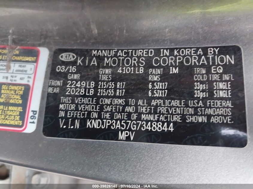 2016 Kia Soul + VIN: KNDJP3A57G7348844 Lot: 39826145