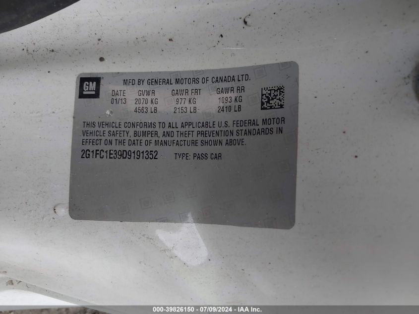2013 Chevrolet Camaro Lt VIN: 2G1FC1E39D9191352 Lot: 39826150