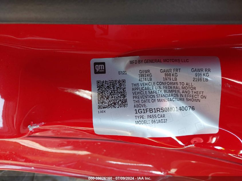 2021 Chevrolet Camaro Rwd 1Lt VIN: 1G1FB1RS0M0140076 Lot: 39826160