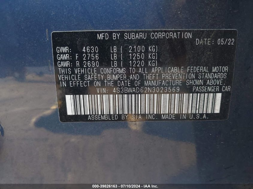2022 Subaru Legacy Premium VIN: 4S3BWAD62N3023569 Lot: 39826163