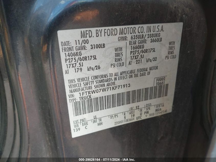 2001 Ford F150 Supercrew VIN: 1FCRW07W71KF71913 Lot: 39826164