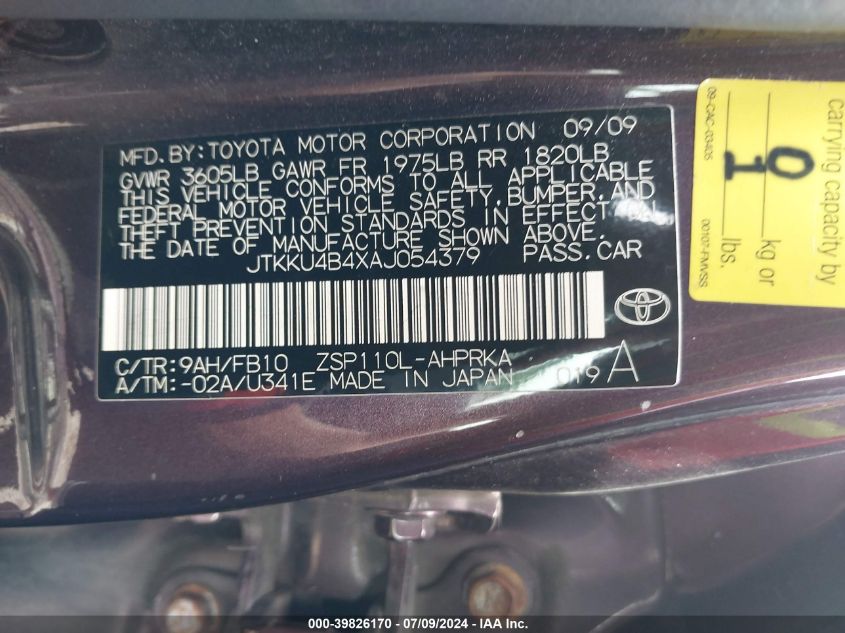 2010 Scion Xd VIN: JTKKU4B4XAJ054379 Lot: 39826170