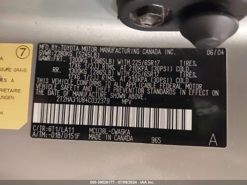 2004 Lexus Rx 330 VIN: 2T2HA31U84C032379 Lot: 39826177