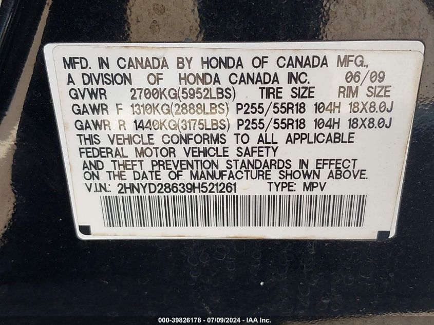 2009 Acura Mdx Technology Package VIN: 2HNYD28639H521261 Lot: 39826178