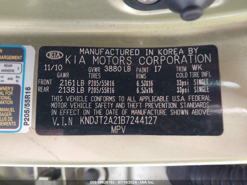 2011 Kia Soul +/!/Sport VIN: KNDJT2A21B7244127 Lot: 39826183